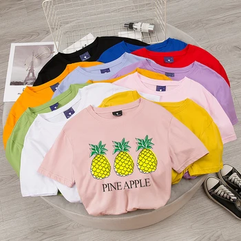 Kawaii Women T-Shirt Plus Size Cotton Funny Pineapple Print for Crew T Shirt Harajuku Bend Slatka T-shirts Short Sleeve Tees