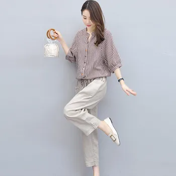 2020 ljeto pamuk posteljinu od dva dijela postavlja odjeću žene prugaste majice + gležanj-dužina hlače odijela svakodnevni korejski moda 2 kom. kompleta