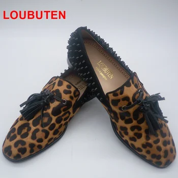 LOUBUTEN konja kose leopard print kićanka natikače muškarci zakovice za cipele dizajner koža klizi na haljinu casual obuća muška obuća