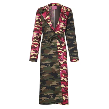 Moda žene jesen kamuflaža ispis u boji blok patchwork dugi rukav ulica odjeća vintage duge kapute s pojasom kamuflaža slobodna jakna