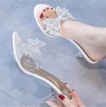Boja Dijamanta kravata papuče žena štikli pumpa 2020 novi godišnji srednji visoku petu sandale neto crveni kristal Bistra cipele