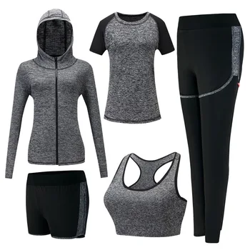 Быстросохнущая ženska odjeća za joge s kapuljačom kaput+majica+bra+šorc+hlače 5 kom. komplet ženska jesen vanjski jogging sportske odjeće za teretanu