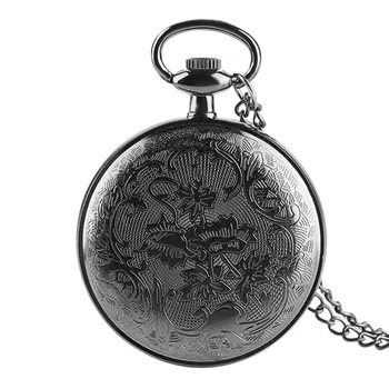 Crna boja je otvoreno lice kvarc džepni sat muška moda Fob sat sa ogrlicom od privjesak rimske brojke brojčanik mens pokloni