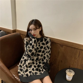 Leopard žena džemper dugih rukava O-izrez uzročnu povući Femme 2020 Jesen Zima korejski uzročnu pletene pulover vrhovima