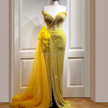 Luksuzni Žuta 2020 Večernja Haljina Ljuska Dužine Do Poda Perje Perle, Šljokice Ogrtač De Večer Aibye Prom Haljina Bliskog Istoka Dubai