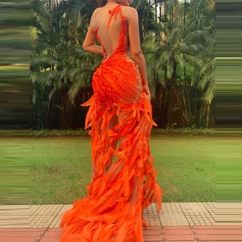 2020 Seksi Cut-out Orange Prom Dresses Iluzija Irregular Neck Jewel vrećice Pageant Event Party Dresses duga večernja haljina