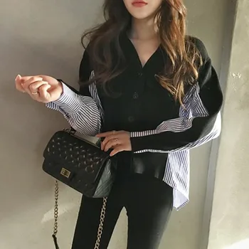 LANMREM 2021 korejski stil elegantne ženske V-izrez однобортные slobodan kolaž pletene majice modni prevelike majice 2A400