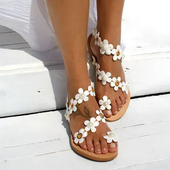 Loozykit bijeli biseri cvijeće ljeto novi rimski udaljiti увеличителем stan cvjetni setovi Ženske sandale veliki veličina 40-44 sandale žena Dropshipping